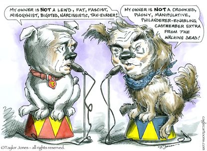 Political cartoon U.S. 2016 election Mike Pence Tim Kaine show dogs