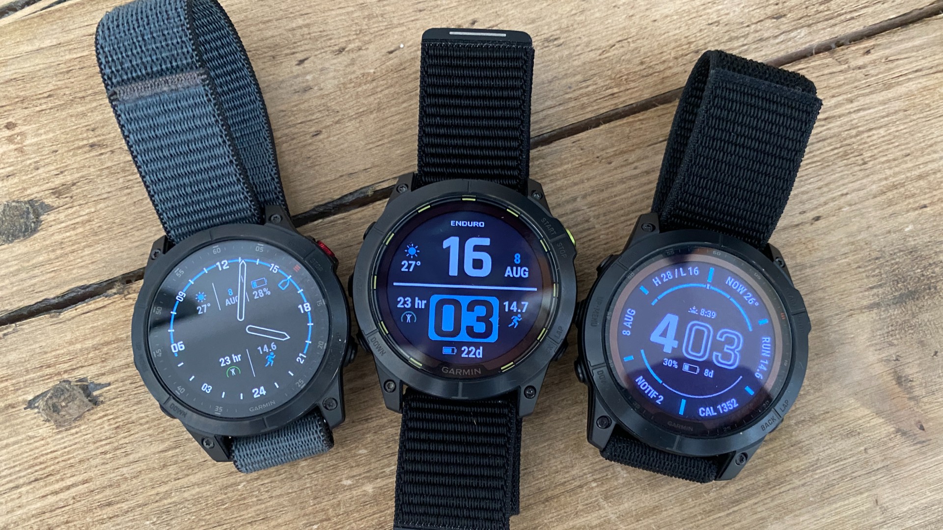 From left to right: Garmin Epix Gen 2, Garmin Enduro 2 multisport GPS watch, Garmin Fenix 7X