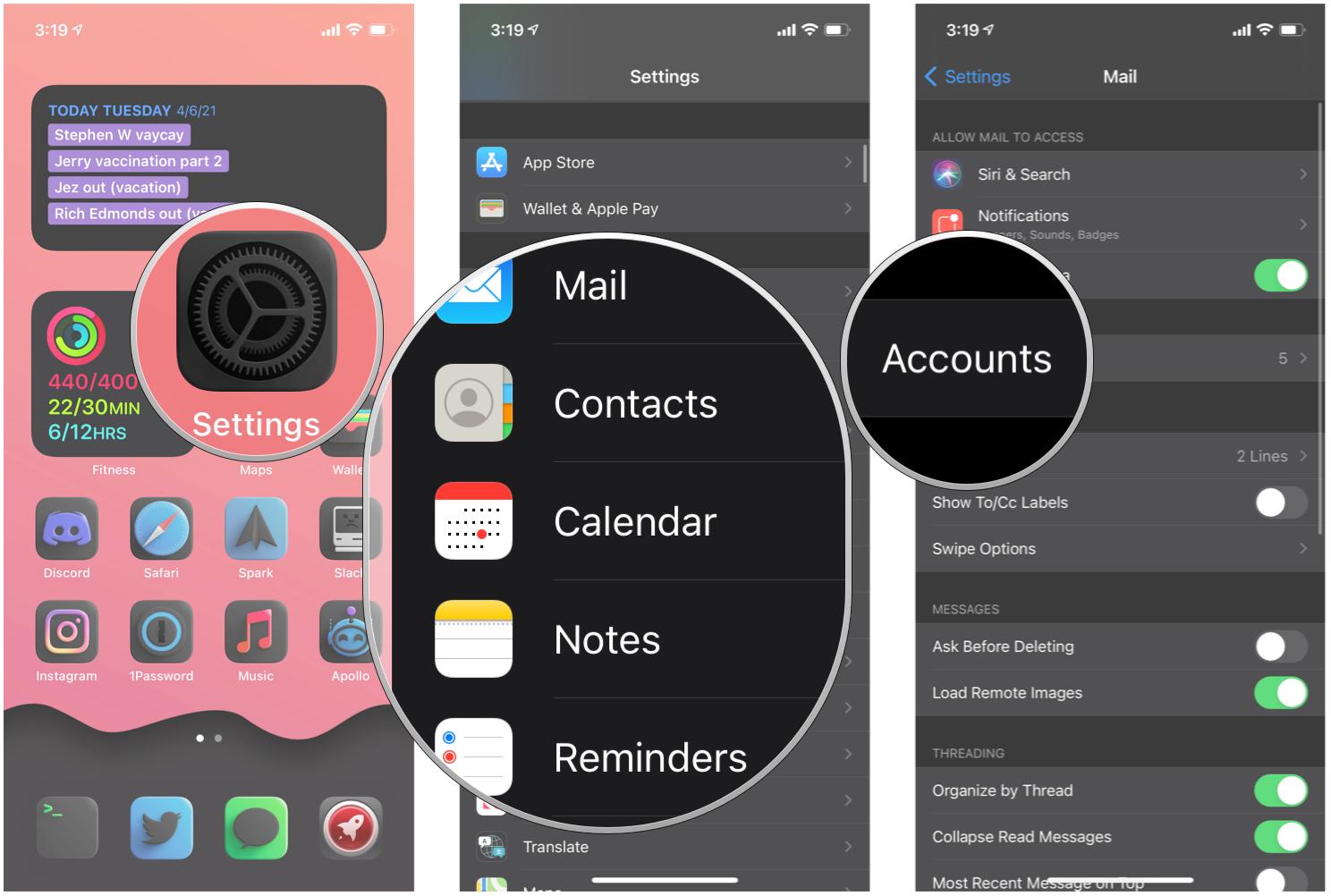 How to add a second Apple ID on the iPhone by showing steps: Launch Settings, tap one of the following: Mail, Contacts, Calendar, Notes, or Reminders, then tap Accounts
