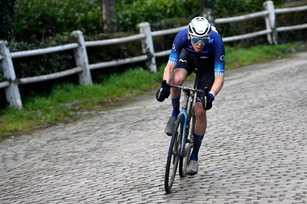 HARELBEKE BELGIUM MARCH 24 Matteo Jorgenson of The United States and Movistar Team competes in the breakaway during the 66th E3 Saxo Bank Classic Harelbeke 2023 a 2041km one day race from Harelbeke to Harelbeke on UCIWT March 24 2023 in Harelbeke Belgium Photo by Tim de WaeleGetty Images