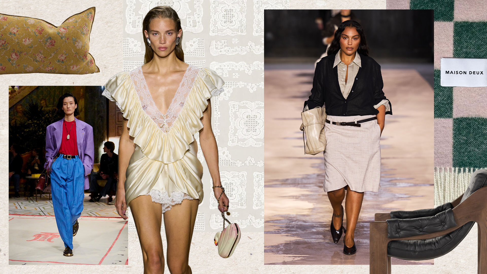 A collage of models walking the runway and home decor pillows, blankets, and a chair.