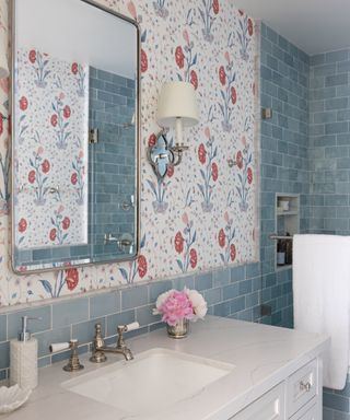girls bathroom with floral wallpaper