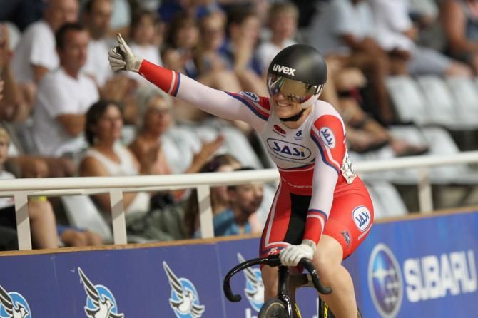 Anna Meares (SA) salutes the crowd