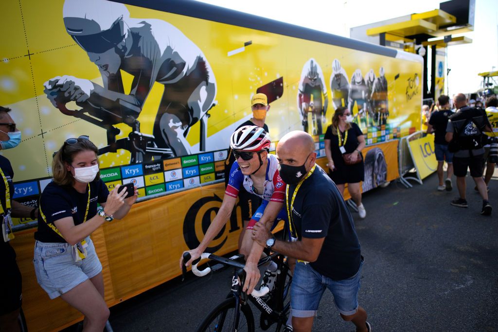 HAUTACAM FRANCE JULY 21 David Gaudu of France and Team Groupama FDJ crosses the finish line during the 109th Tour de France 2022 Stage 18 a 1432km stage from Lourdes to Hautacam 1520m TDF2022 WorldTour on July 21 2022 in Hautacam France Photo by Daniel Cole PoolGetty Images