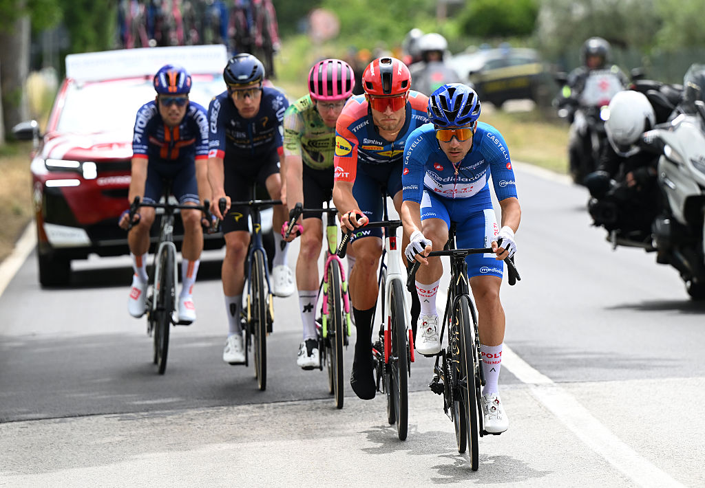 BLOCKHAUS, ITALY - MAY 15: Diego Pablo Sevilla of Spain and Team Polti VisitMalta - Blue Mountain Jersey competes in the breakaway during the 109th Giro d&amp;amp;apos;Italia 2026, Stage 7 a 244km stage from Formia to Blockhaus 1658m / #UCIWT / on May 15, 2026 in Blockhaus, Italy. (Photo by Dario Belingheri/Getty Images)