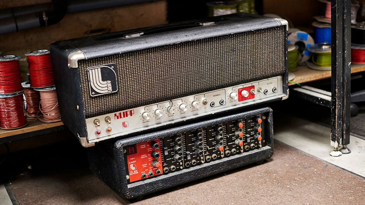 A Laney Klipp (top) and PA 200, both from the early 1970s, await their turn on the bench in the Custom Shop