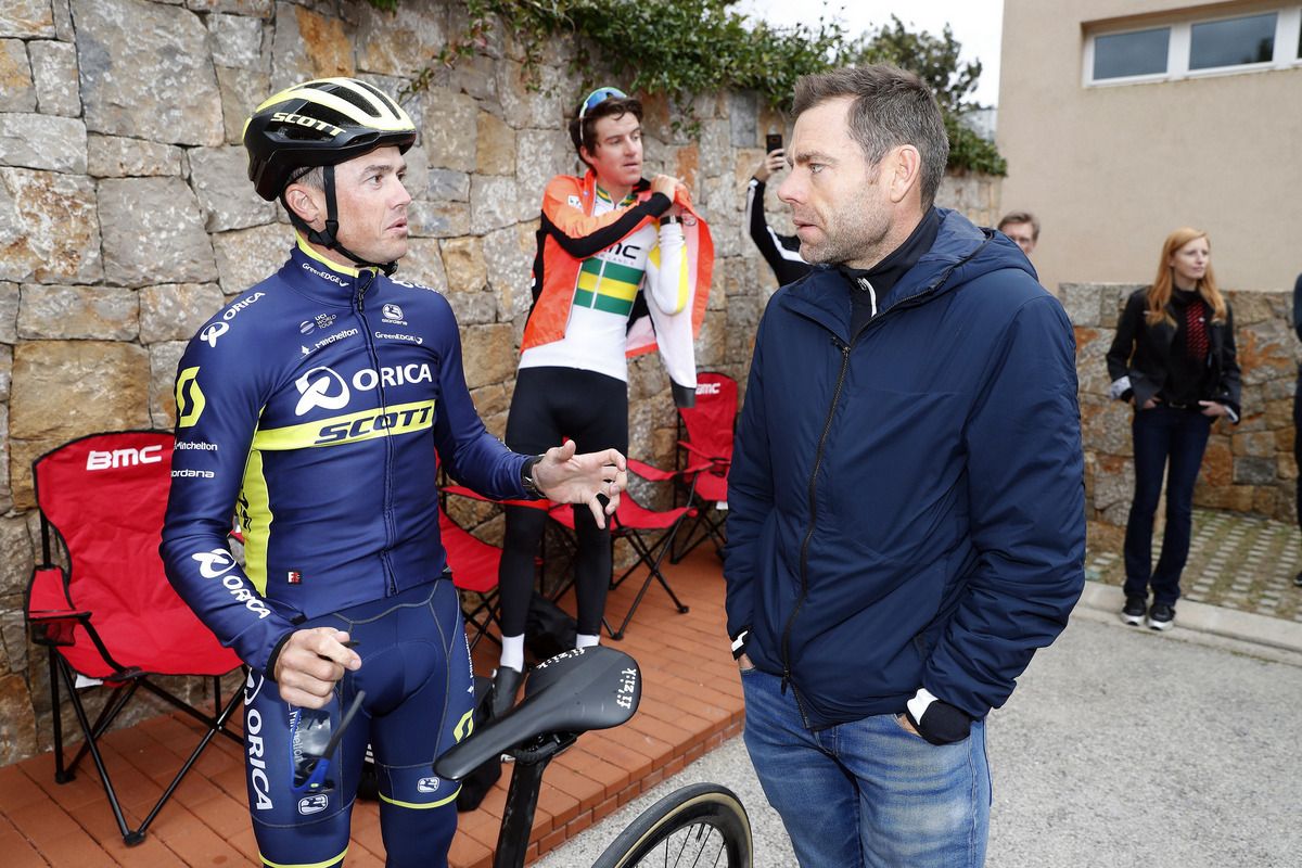 Simon Gerrans and Cadel Evans chat at the BMC Racing Team training camp in December