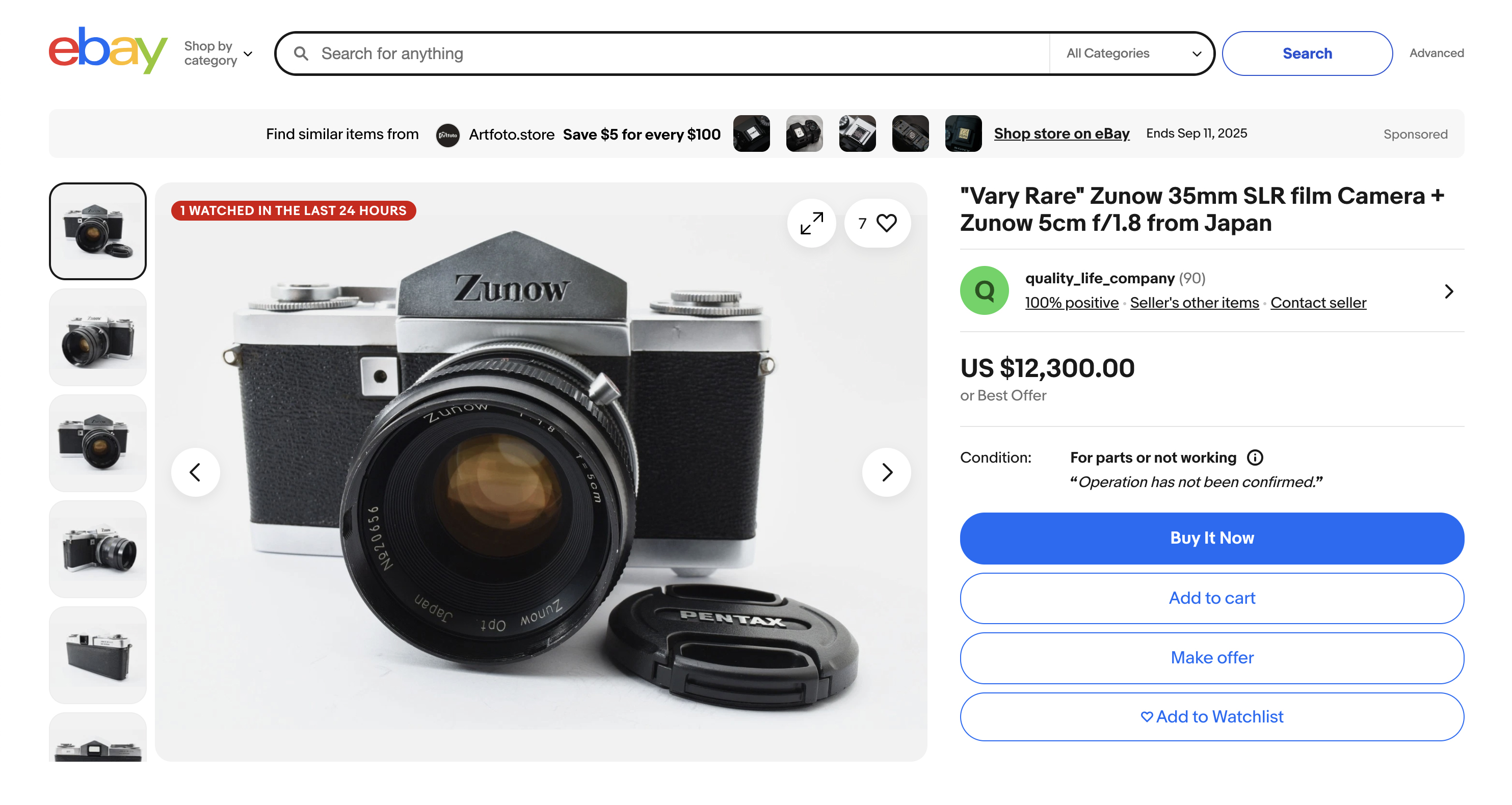 Zunow camera listing on eBay