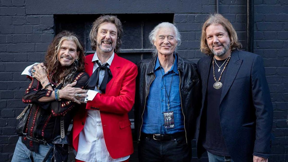 Jimmy Page and Steven Tyler with the Black Crowes outside the Evintim Apollo, Hammersmith, London