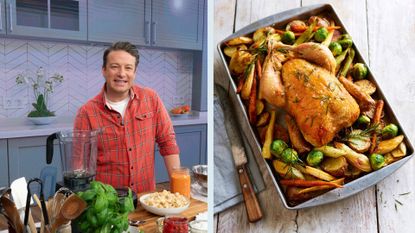 Jamie Oliver in a kitchen with a roast chicken on the other side