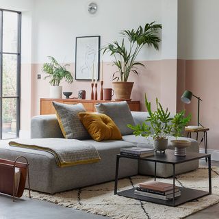 living room with sofa set and potted plants