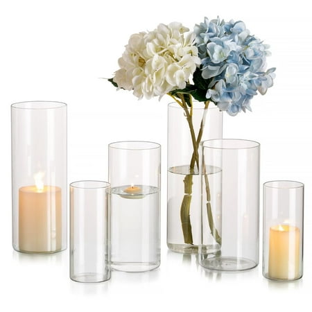 Glasseam Clear Glass Cylinder Hurricane Candle Holder Vases Set of 6 (6"+7.8"+ 10"high)