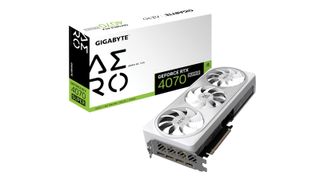 Gigabyte 4070 Super Aero OC 12G graphics card against a white background.