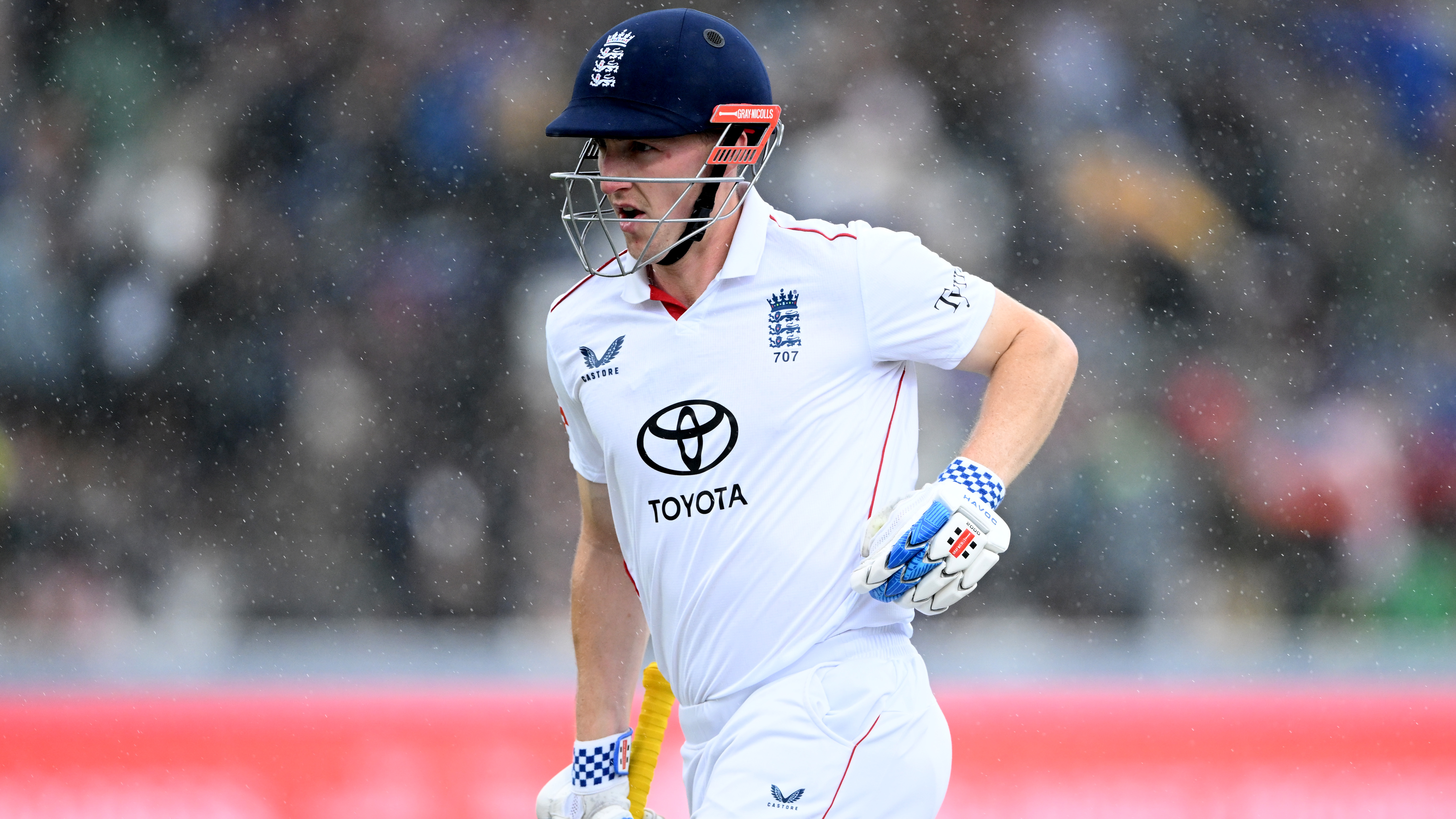 Harry Brook of England leaves the field as rain stops play during day three of the 2nd Rothesay Test Match between England and Pakistan