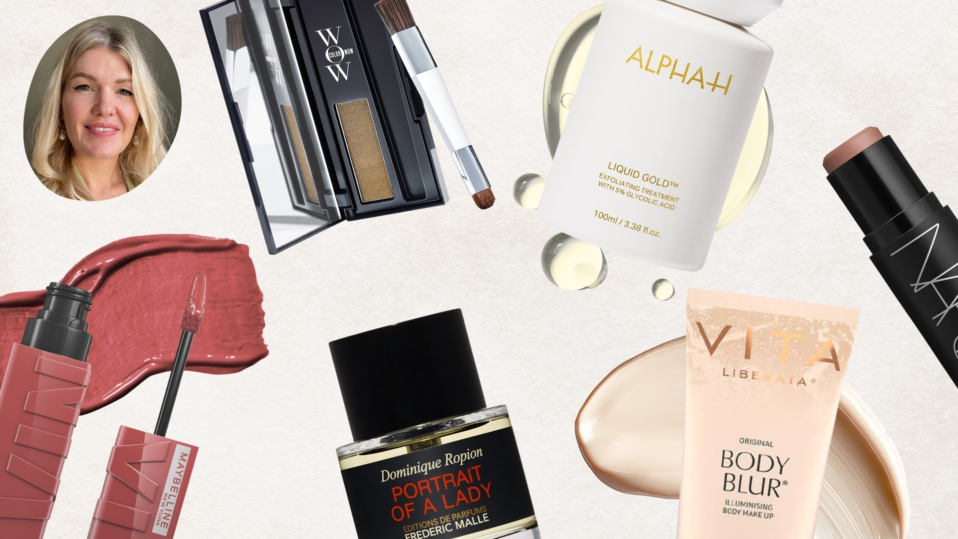 Collage of Fiona McKim's all-time favourite beauty products on a beige background, including a Maybelline liquid lipstick, Color Wow root powder, Alpha H glycolic acid, NARS blush stick, Vita Liberata body blur and Frederic Malle perfume