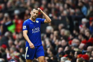 Danny Drinkwater of Leicester City leaves the field after being sent off during the Barclays Premier League match between Manchester United and Leicester City at Old Trafford on May 1, 2016 in Manchester, England.