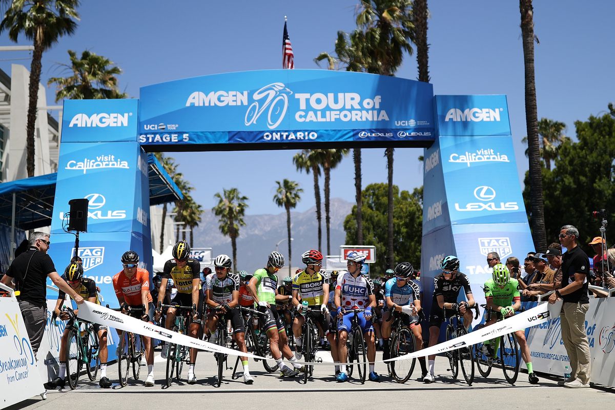 The top riders assemble on the start line in Ontario for stage 5