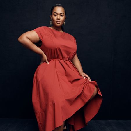 Fashion model, Clothing, Dress, Red, Shoulder, Fashion, Fashion design, Cocktail dress, Photo shoot, Formal wear, 