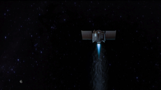 An artist's depiction of the OSIRIS-REx spacecraft firing its thrusters to head toward Earth.