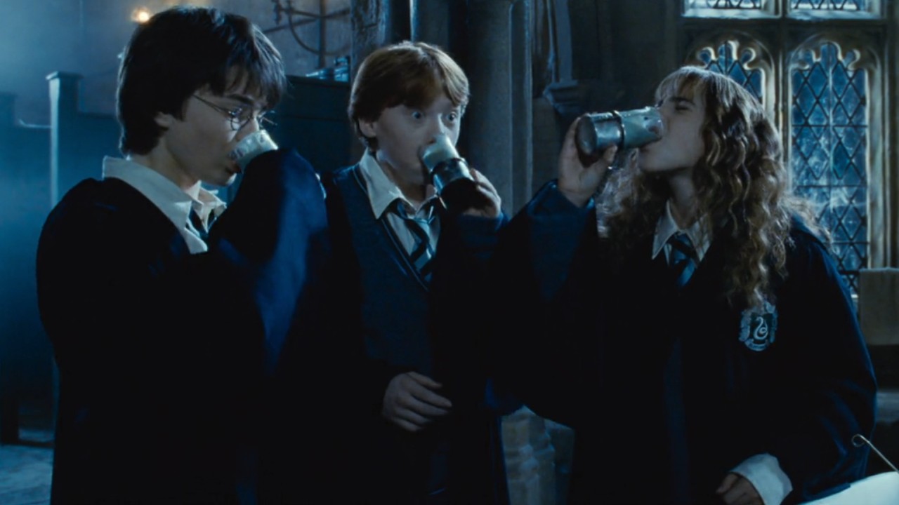 Frome left to right: Harry, Ron and Hermione downing Polyjuice Potion in Harry Potter and the Chamber of Secrets.