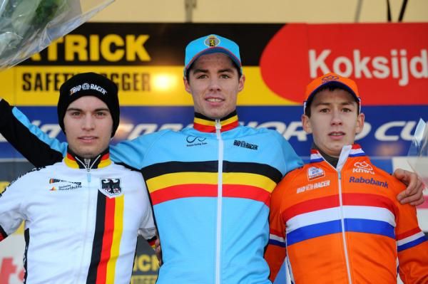 U23 men podium (l-r): Marcel Meisen (Germany), 2nd; Vincent Baestaens (Belgium), 1st; Lars van der Haar (Netherlands), 3rd
