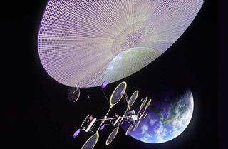 This giant disk floating in space isn't a UFO. It's a power generator, harvesting energy from the Sun for a variety of uses back on Earth. Such space-based solar power generators have many applications, not just on Earth, but also in space. 