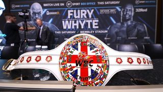 he WBC union heavyweight championship belt display at the Tyson Fury & Dillian Whyte press conference