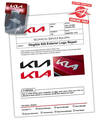 A mocked-up service repair part for the Kia logo
