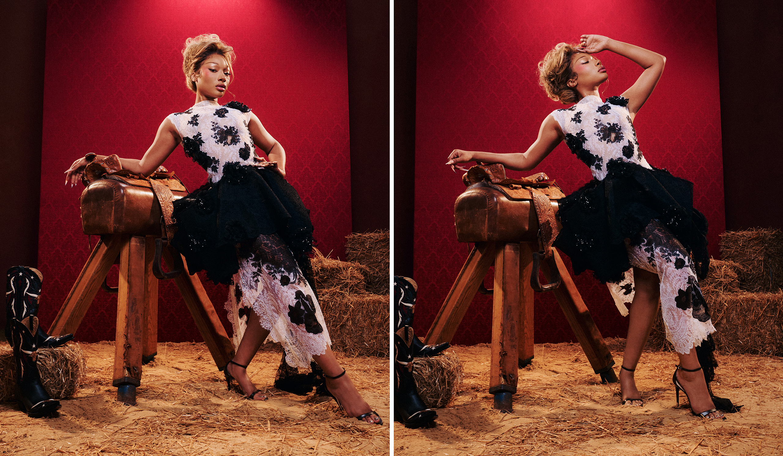 two images of Megan Thee Stallion in a stable wearing a cow print dress