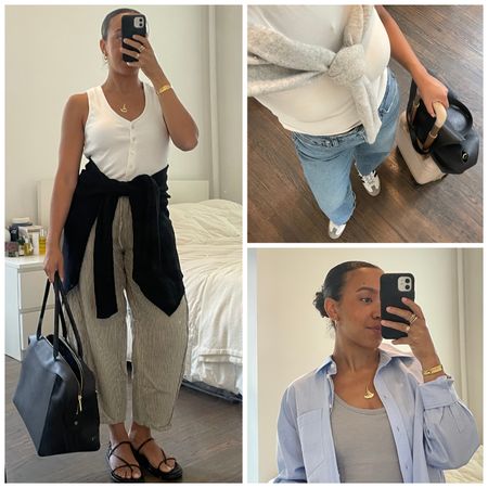 Lauren Tappan wearing a white shirt, striped pants, and sandals; Lauren Tappan wearing a white shirt jeans and adidas sambas, Lauren Tappan wearing a blue button-down, a gray tank, and white pants