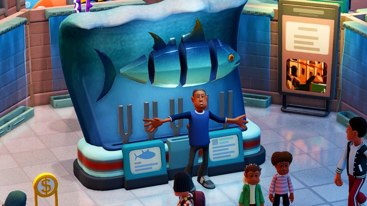 A cartoonish man gestures with his arms wide open in front of a Tuna interactive display, while his two children have their backs turned to him.