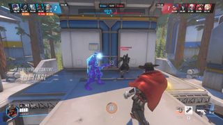 Screenshots of Overwatch 2 showing teams battling it out along with new perks and a Stadium game mode in action