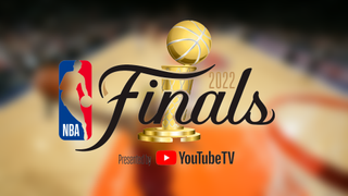 The NBA Finals logo on a blurred background of a Knicks game