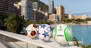 A group of the official match ball of the UEFA Europa League, UEFA Champions League and UEFA Europa Conference League, are pictured ahead of the 2023/24 European Club Football Season Kick-Off on August 30, 2023 in Monaco, Monaco