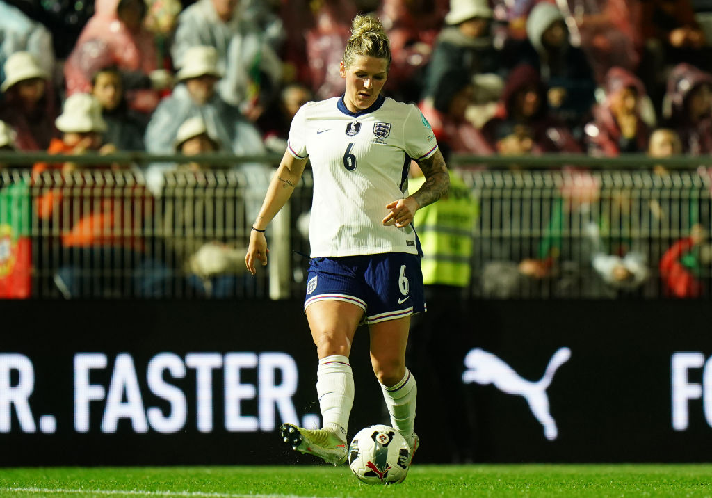 Millie Bright of England in action during the UEFA Women's Nations League 2024/25 Grp A3 MD1 match between Portugal and England at Estadio Municipal de Portimao on February 21, 2025 in Portimao, Portugal. 