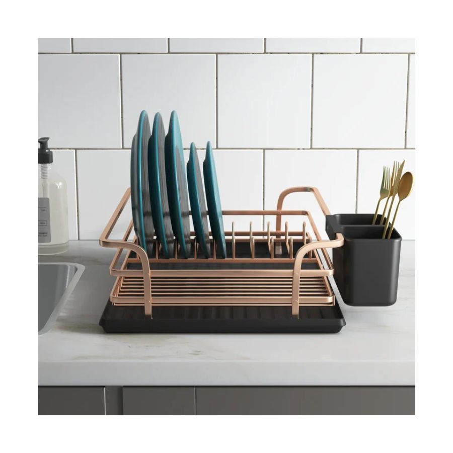 pink gold metal dish rack