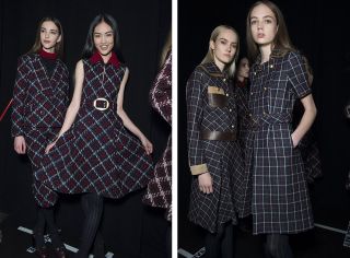 4 Models wearing checkered dresses skirt and jacket and checkered coat