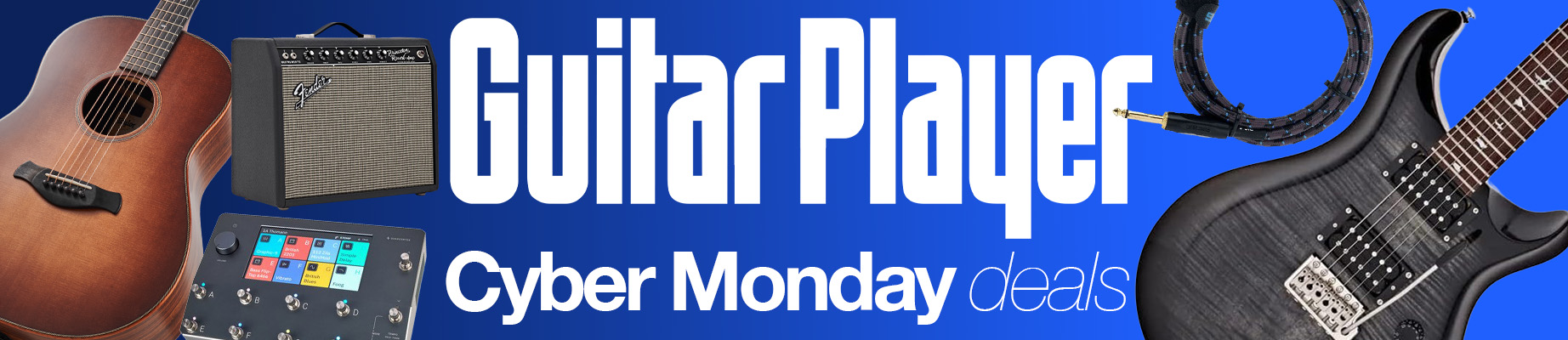 A selection of guitar gear on a blue background