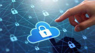 Hand touching padlock icon on cloud storage icon.