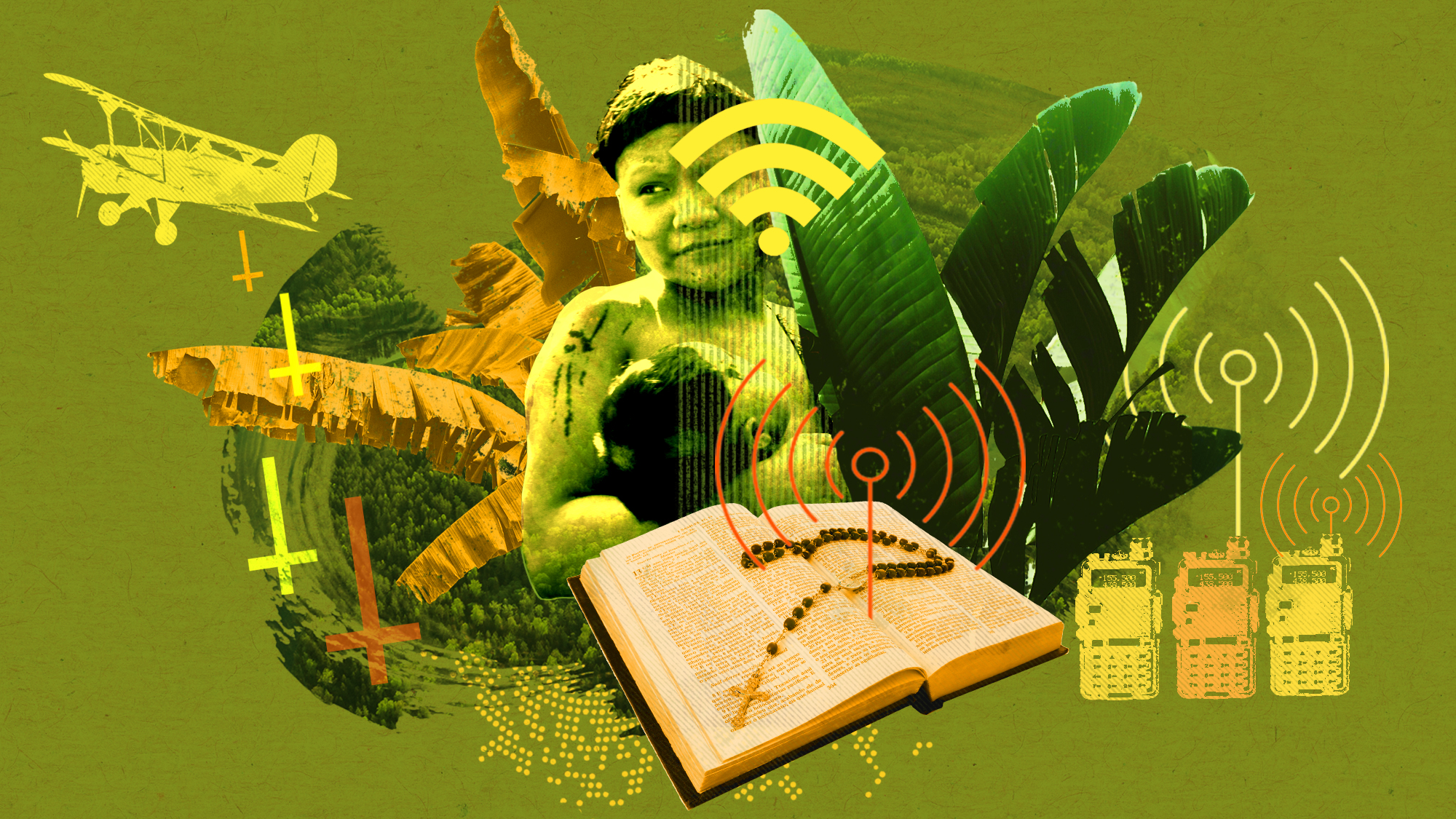 Collage of images including indigenous people, a rosary on a Bible, walkie-talkies and a biplane