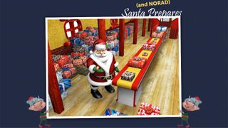 Santa prepares for takeoff, surrounding by gifts on a conveyor belt