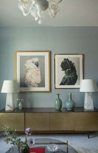 A green painted living room in Farrow & Ball color parma gray