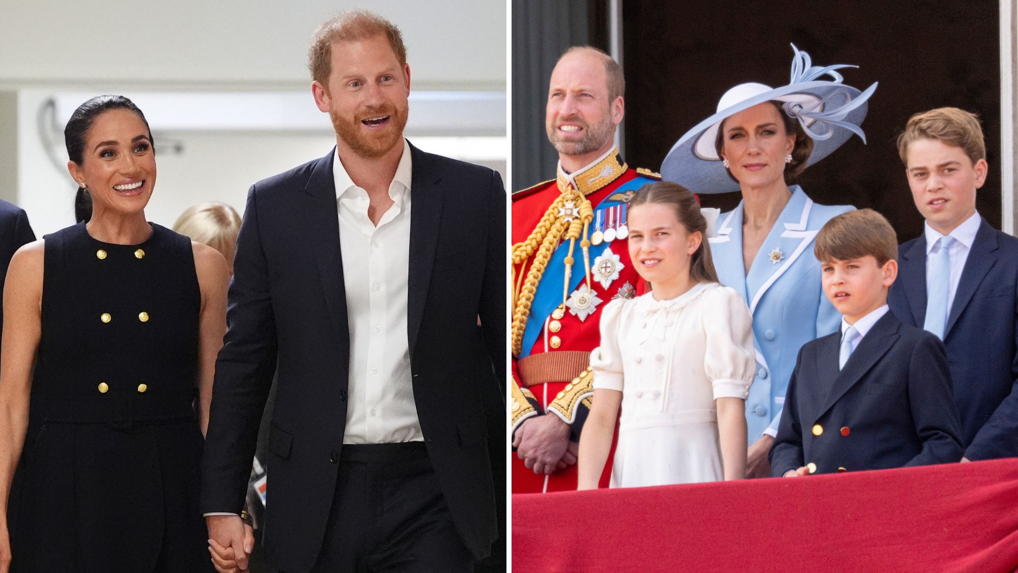 A composite of a picture of Prince Harry and Meghan in Australia in 2026 and a picture of the Wales family at Trooping the Colour 2026