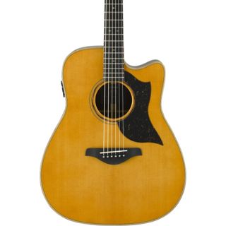 Close up of the body of a Yamaha A5 ARE acoustic guitar on a white background