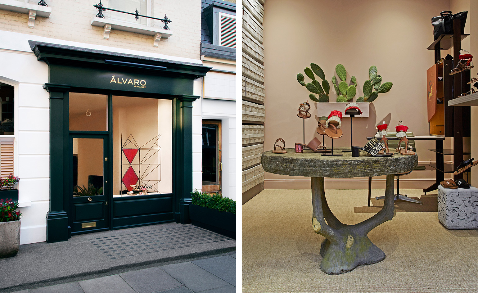 The intimate space is furnished with pieces sourced from flea markets and the designer’s own home, from a cement garden table with tree trunk legs to a 1950s bar cabinet