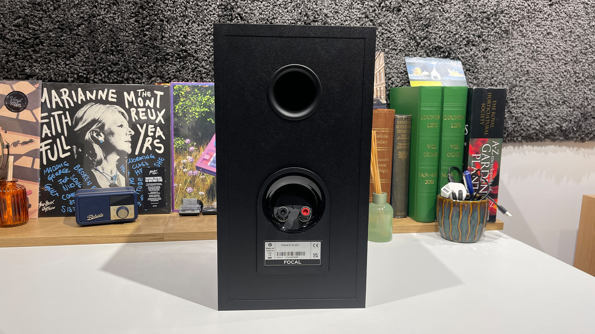 Focal Theva No.1 standmount speakers, back of one cabinet showing rear port and binding posts