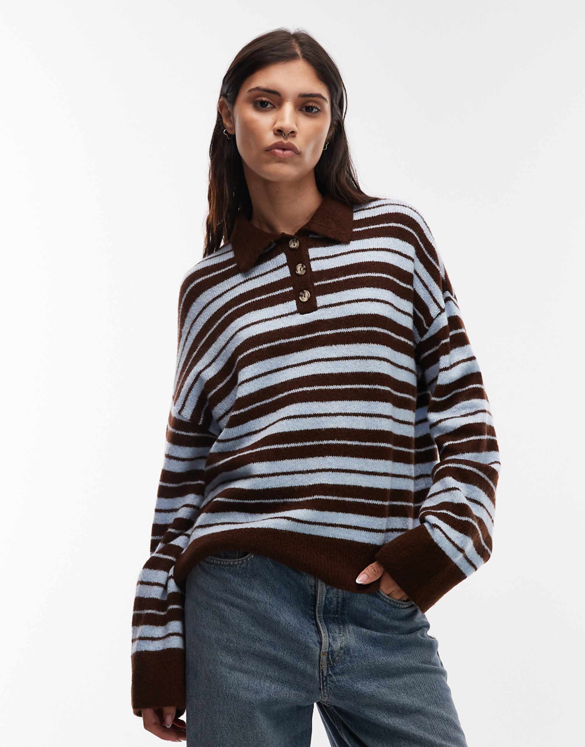 Asos Design Knit Fluffy Rugby Top in Blue and Brown Stripe