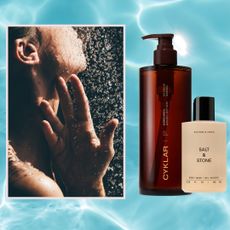 woman in the shower on a blue water background next to bottles of luxury body wash like necessaire cyklar and salt and stone