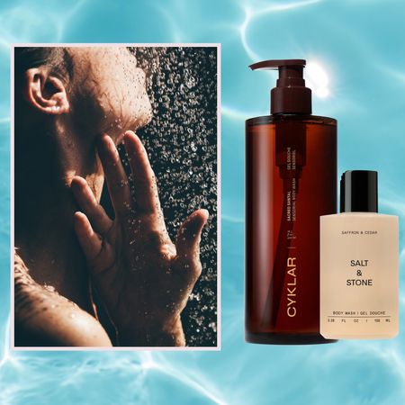 woman in the shower on a blue water background next to bottles of luxury body wash like necessaire cyklar and salt and stone