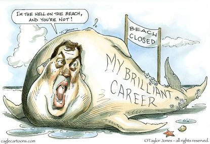 Political cartoon U.S. Chris Christie beach closing brilliant career
